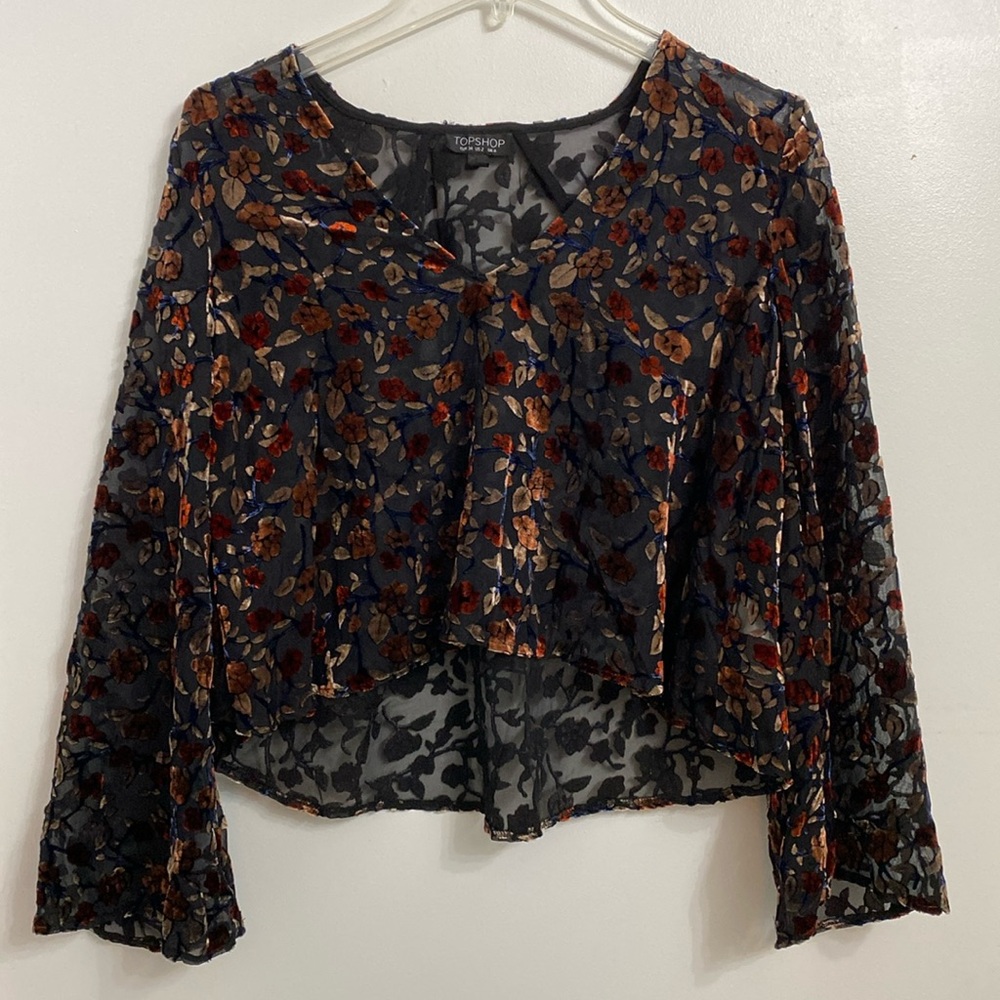 TopShop Long Sleeve Top Women’s 2 Burnt Velvet see thx bell sleeve evening top - Picture 1 of 13